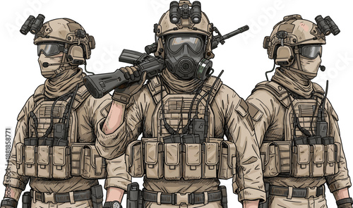 Detailed military special forces squad illustration with gas masks and tactical gear, professional army unit in desert tan uniform, combat vector isolated,
