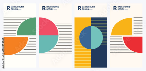 Trendy vertical abstract geometric poster set with vibrant color blocks, circles, and line patterns, ideal for modern corporate branding and social media stories.