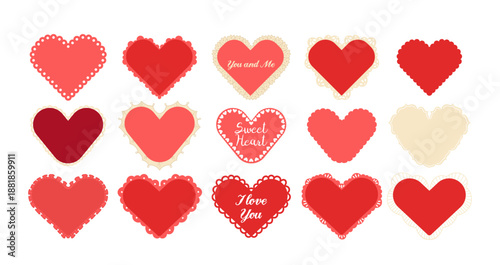 Romantic hearts frames with laces, empty copy space and love text isolated set on white background