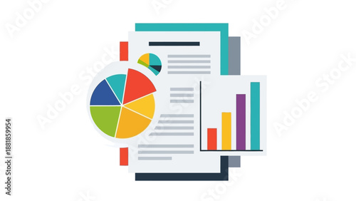 Business Report Icon with Colorful Charts and Financial Data Analysis Graphics