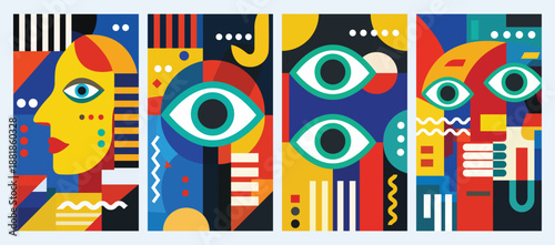 Bold abstract geometric vector art set; four vertical posters featuring stylized human faces, expressive eyes, and vibrant primary colors for modern design concepts.