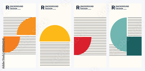 Modern abstract geometric vertical banner templates featuring colorful circles and striped patterns; minimalist design aesthetic for social media stories.