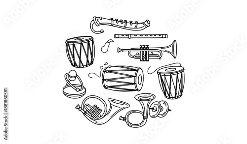 Outline Indian wedding baja music instrument icons in traditional Hindu ceremony style