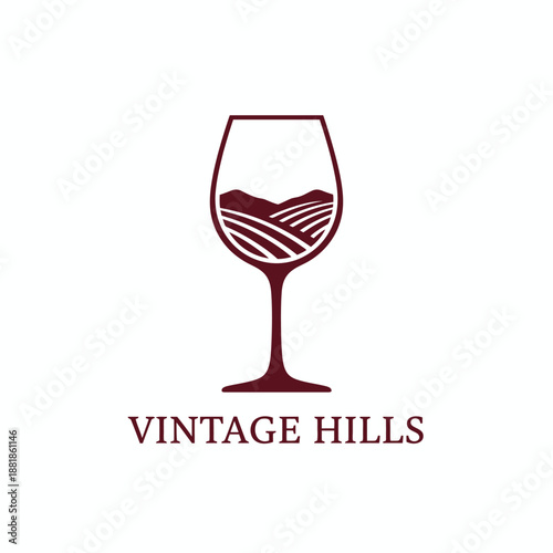 Wine glass with vineyard hills landscape icon for winery or luxury restaurant branding featuring the professional text Vintage Hills.