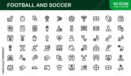 Football and Soccer Professional Line Icon Set, Modern Minimalist Vector Collection Featuring Unique Sports Elements, Equipment, and Game Symbols
