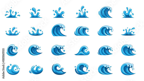 Collection of stylized blue water wave icons and splashing water elements
