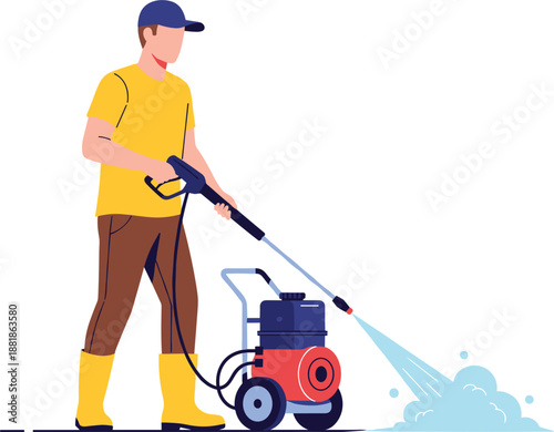 Worker using professional pressure washer machine for commercial cleaning service industrial maintenance and home improvement task concepts.