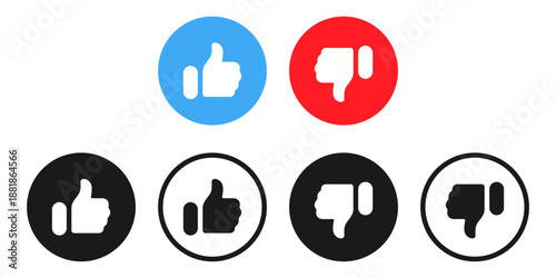 Like icon button - Thumbs up and thumbs down icons set in blue, red, black, and outline styles for like, dislike, feedback, rating, and social media interaction.