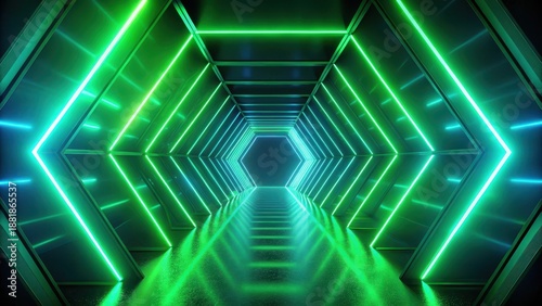 Abstract neon hexagon tunnel with green light effects on dark background