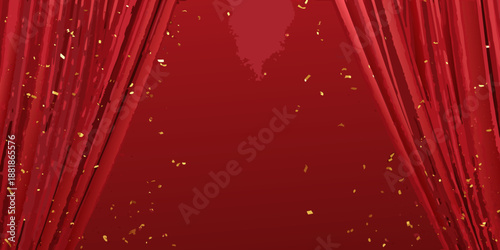 Red curtains open with golden confetti falling stage presentation backdrop
