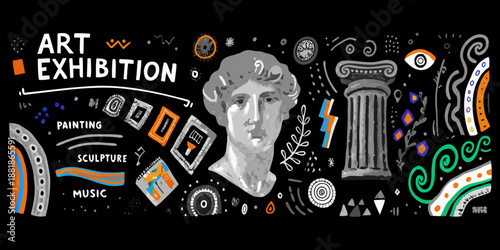 An art exhibition poster featuring classical sculptures and artistic elements