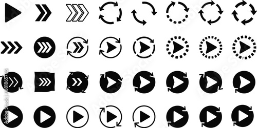 Collection of Play and Forward Icons for Media Controls, UI Navigation, Refresh, Rotation, and Progress Indicators in Black