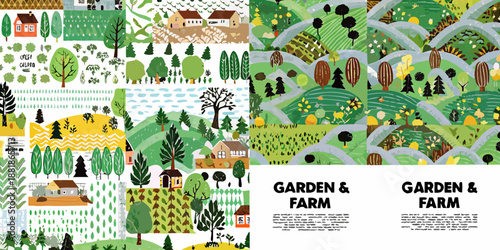 Colorful patchwork pattern featuring houses trees fields and garden elements