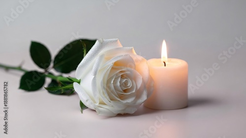 White rose and lit candle on white background for memorial sympathy or condolence