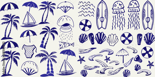 A collection of hand drawn summer themed illustrations with tropical and ocean elements