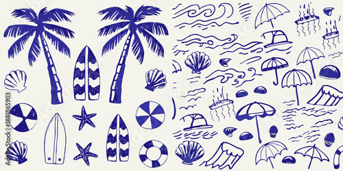 Blue and white hand drawn illustration of a beach scene with tropical elements
