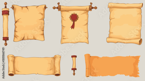 Hand-drawn collection of vintage parchment scrolls and old paper illustrations, diverse rolled and unrolled designs for historical documents