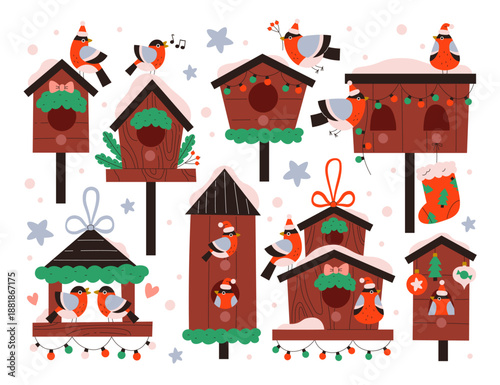 Collection of cute winter bullfinch birds and decorative Christmas birdhouses under seasonal snow