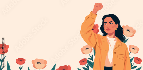 A confident woman stands with her arms crossed over her chest, surrounded by red, beige flowers. Stylish spring vector illustration for Women's Day, March 8th, empowerment, gender equality, feminism