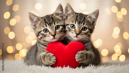 Two adorable tabby kittens holding a heart