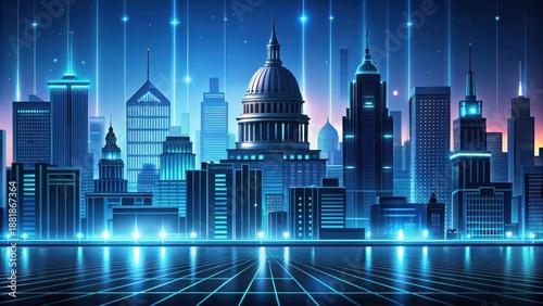 A futuristic cityscape with a gradient background of dark blues and blacks, set against a neon-lit cityscape at dusk, cityscape, government buildings