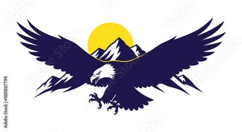 Majestic eagle soaring through the mountainous landscape with outstretched wings against a sunny backdrop illustration