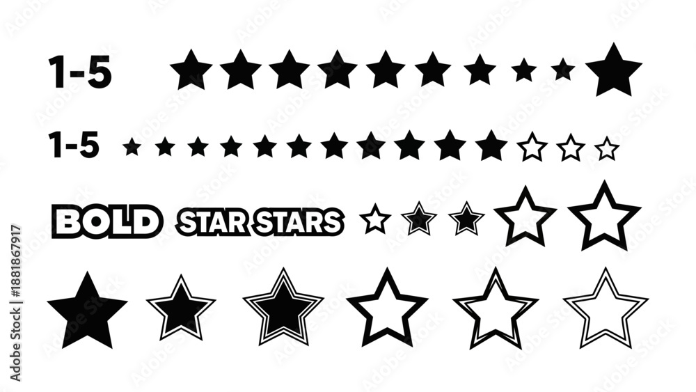 Fototapeta premium Collection of star rating icons in various sizes and styles, symbolizing reviews and feedback, displayed on a clean white background from a straightforward viewpoint.
