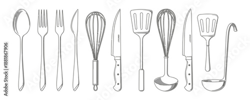 A collection of kitchen utensils and cutlery arranged neatly, viewed from directly above with various kitchen tools displayed.