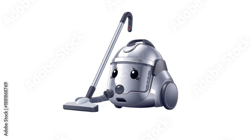 Cute Anthropomorphic Silver Canister Vacuum Cleaner Character with Concerned Expression