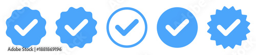 account verify icon, verified badge icon with check mark tick symbol : confirmed, approved, verification icons