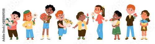 Cute charming children characters holding colorful flower bouquets isolated set on white background