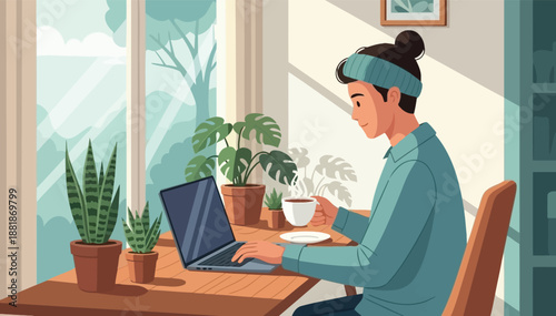 Person working on laptop at home office desk with green houseplants near bright sunlit window
