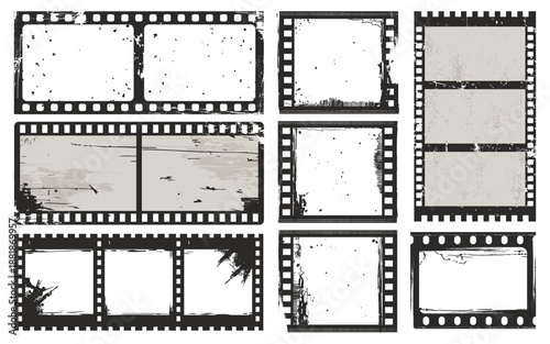 Retro cinematic collection featuring grunge movie film strips, vintage distressed filmstrip frames