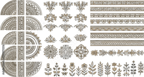 Black and white decorative icons featuring mandalas, floral medallions, ornamental borders, and stylized botanical motifs