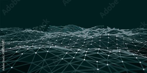 a digital landscape with a network of lines and dots on a dark background