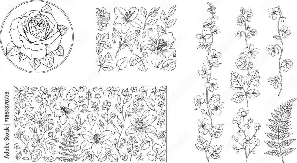Obraz premium Black and white floral icons featuring rose medallions, fern leaves, and decorative botanical arrangements in geometric frames
