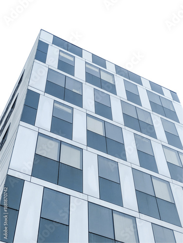 Wallpaper Mural PNG Transparent Background - Modern Architecture Skyscraper Facade, Blue and White Geometric Minimalist Office Building Low Angle View for Corporate Design and Urban Concepts. Torontodigital.ca