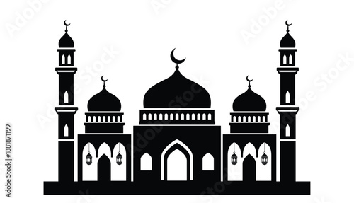 Silhouette of Symmetrical Islamic Mosque with Domes