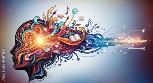 A vibrant illustration of a human head with colorful swirls, symbols of knowledge, and technology flowing from it, representing creativity and intellect.