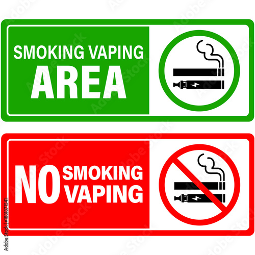 No smoking no vaping and smoking area sign set. Forbidden sign icon isolated on white background.Cigarette, vape in prohibition circle and green allowed area