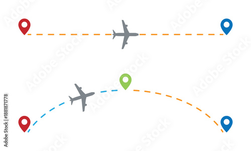 Direct and connecting flight route illustration with airplane icons and location pins, air travel concept for transportation and tourism design. Transparent vector illustration.