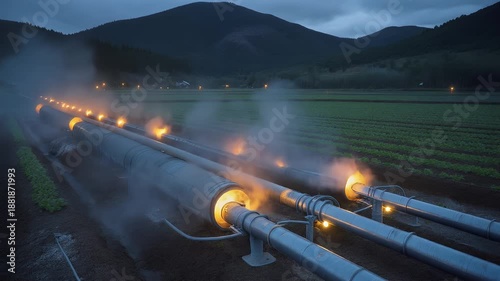 Industrial Gas Pipeline Flaring at Dusk in a Rural Landscape.