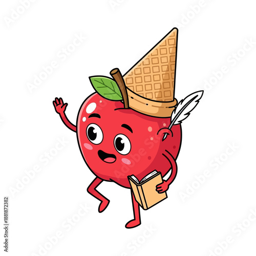 Cute Cartoon Apple Character with Ice Cream Cone Hat and Book.