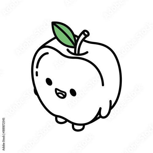 Cute Cartoon Apple with Happy Face and Green Leaf.