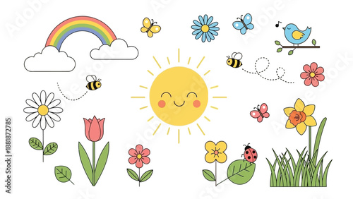 Colorful Cartoon Sun with Flowers and Bees.