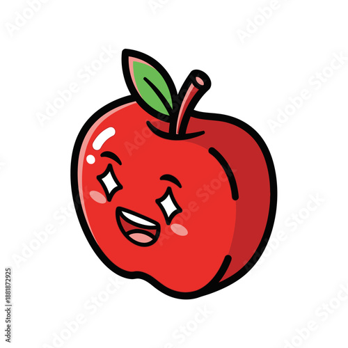 Cute Red Apple Cartoon Character with Sparkling Eyes and Smile.