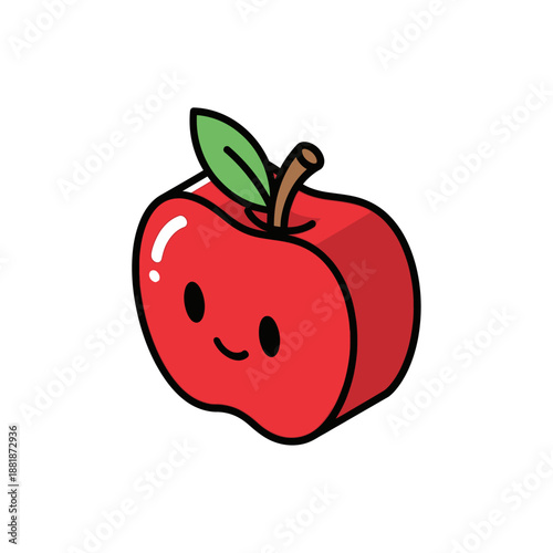 Cute Red Apple Cartoon Illustration with Smiling Face and Green Leaf.