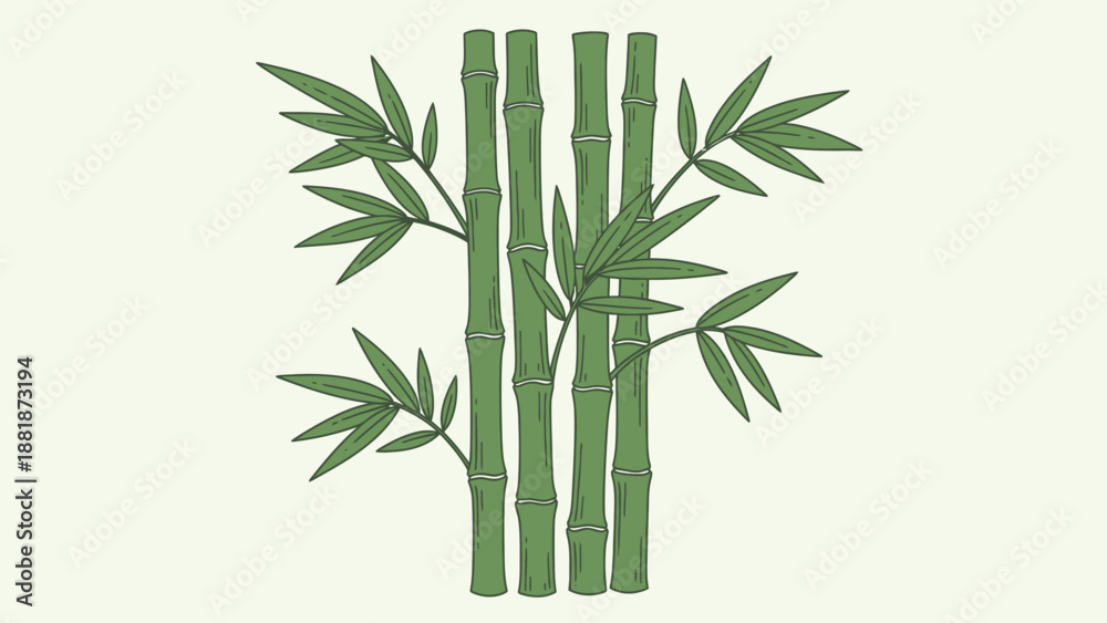 Naklejka premium Natural bamboo stalks with green leaves on a light green background.