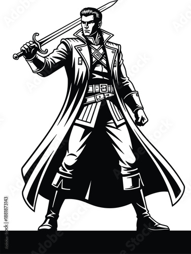 Heroic fantasy warrior silhouette vector illustration, brave fighter holding sword in long coat, adventurer character design for games, comic and fantasy art