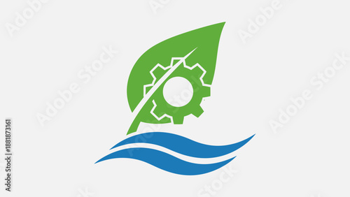 Green energy concept with a leaf, gear, and blue waves on a light grey background.